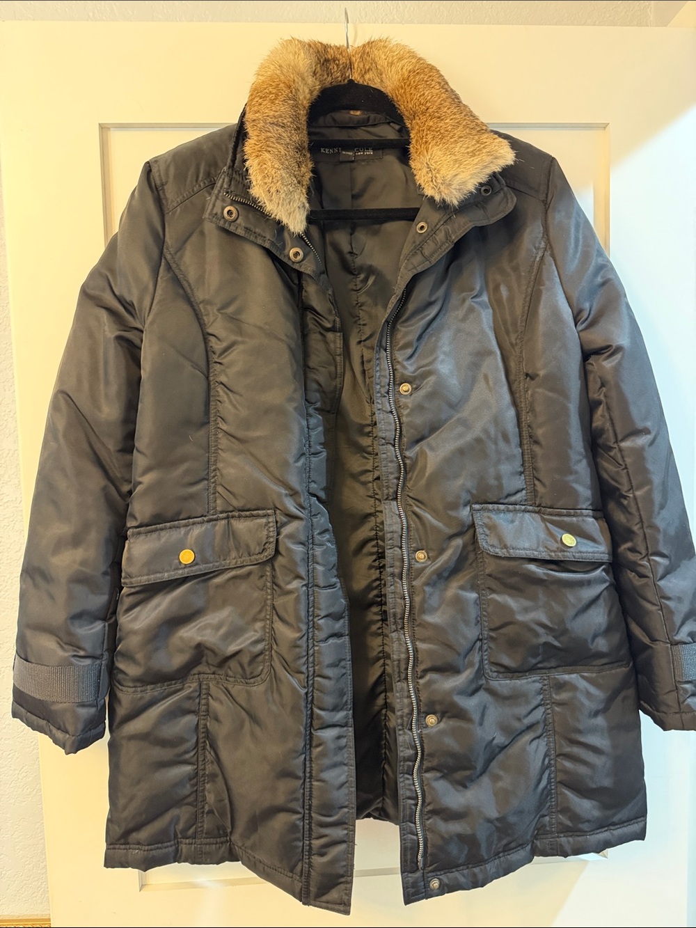 Kenneth Cole Vintage Women’s Black Parka Coat with Rabbit Fur Trim